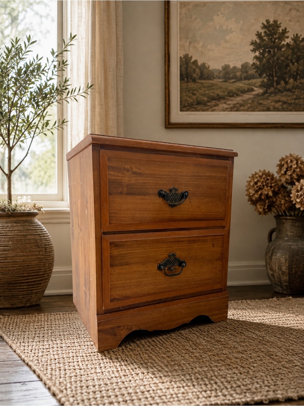 Vintage Solid Wood 2-Drawer Nightstand / End Table